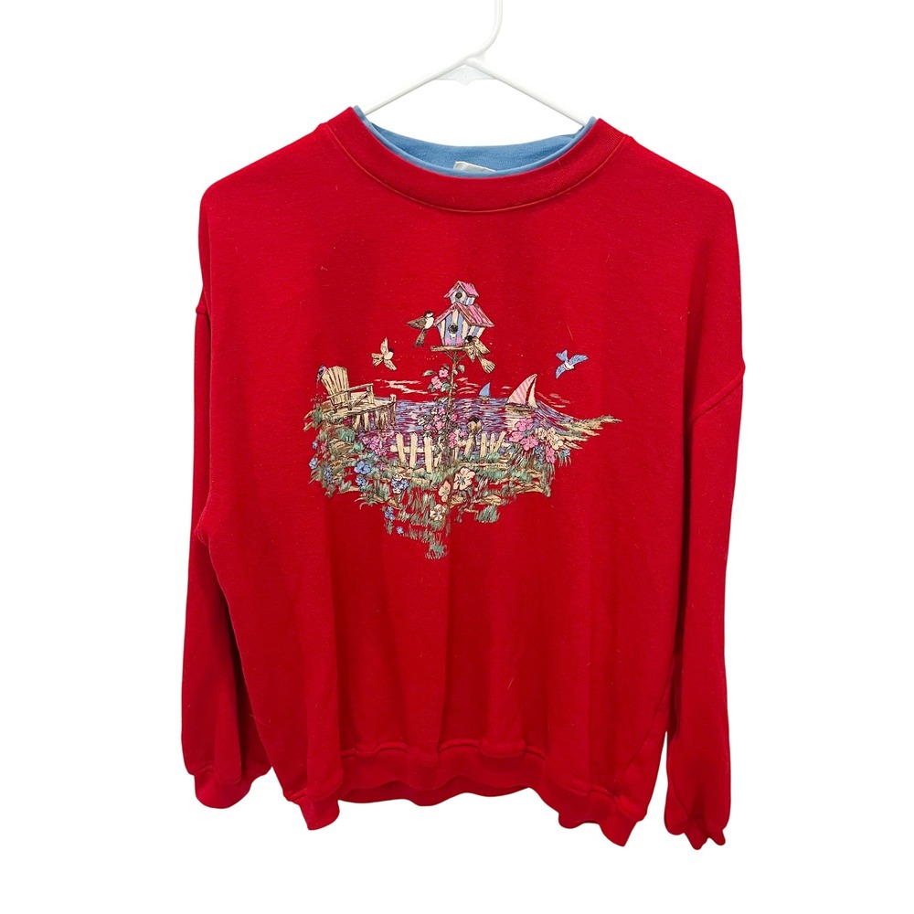 Vintage Basic Editions Red Birdhouse Coastal Graphic Sweatshirt Cottage Sz Large